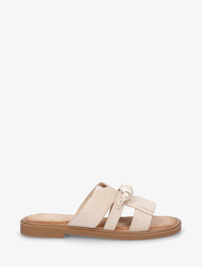 Mules en suédine à franges et perles - Beige - 1