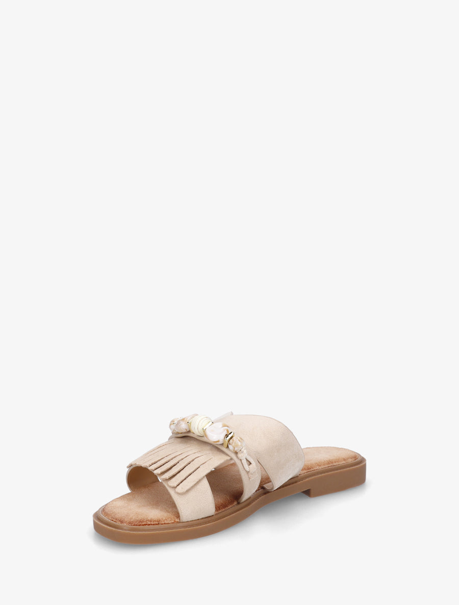 Mules en suédine à franges et perles - Beige - 3