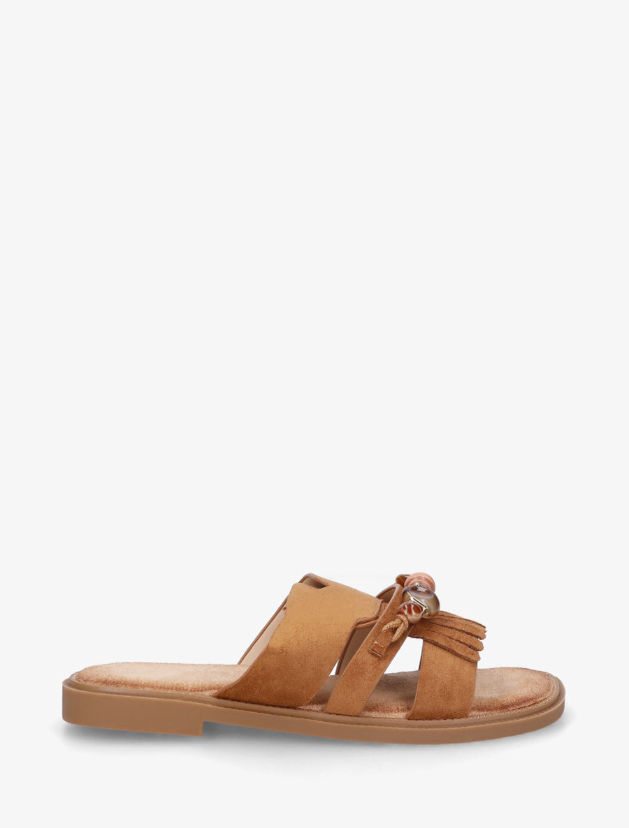 Mules en suédine à franges et perles - Camel - 1