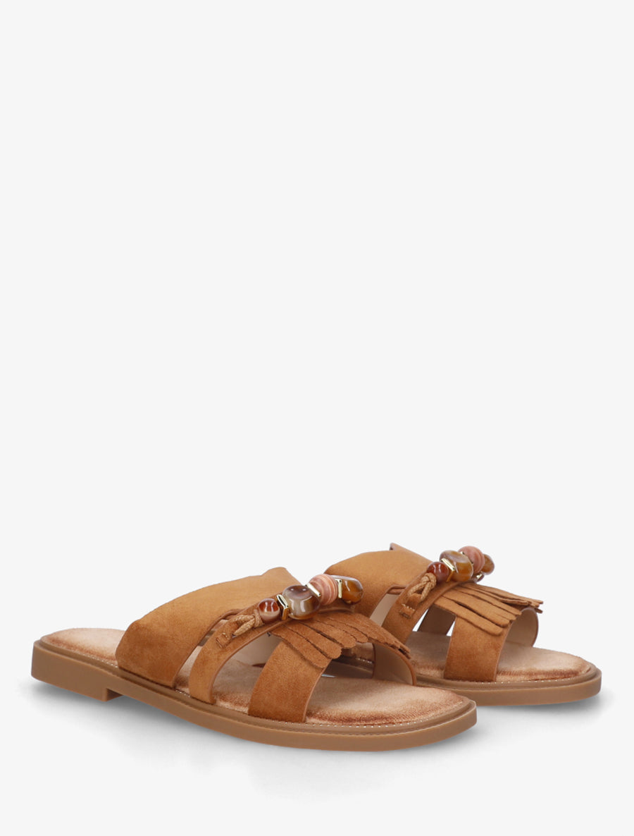 Mules en suédine à franges et perles - Camel - 4