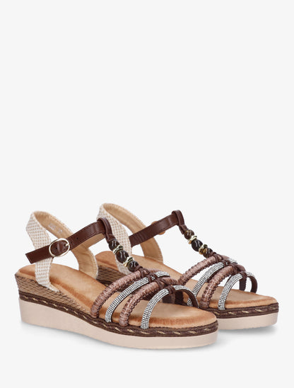 Sandales à brides tressées et strassées - Marron - 4