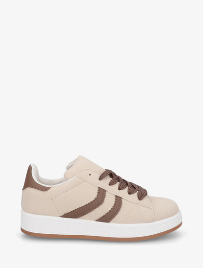 Baskets effet nubuck à bandes dentelées - Beige - 1