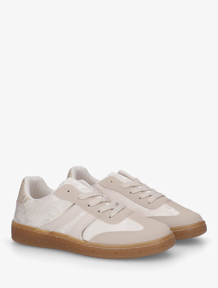 Sneakers bimatière imprimé roses - Beige - 4