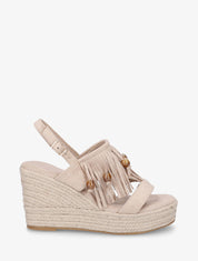 Sandales compensées à franges en suédine - Beige - 1
