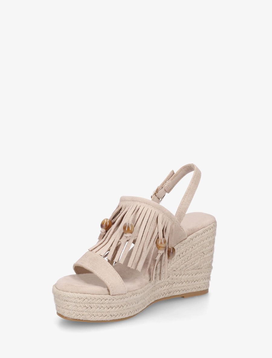 Sandales compensées à franges en suédine - Beige - 3