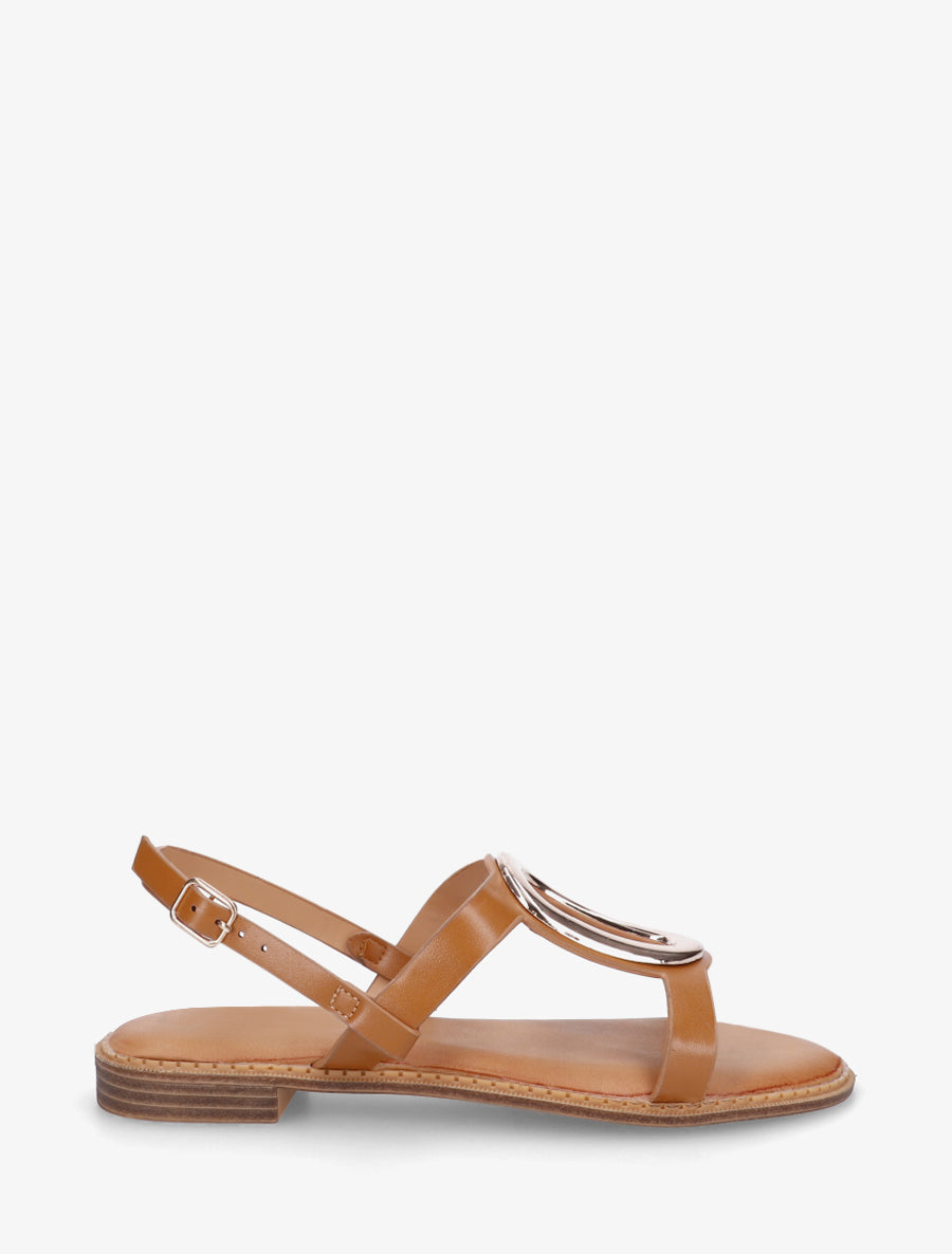 Nu-pieds à bijou métallique doré - Camel - 1