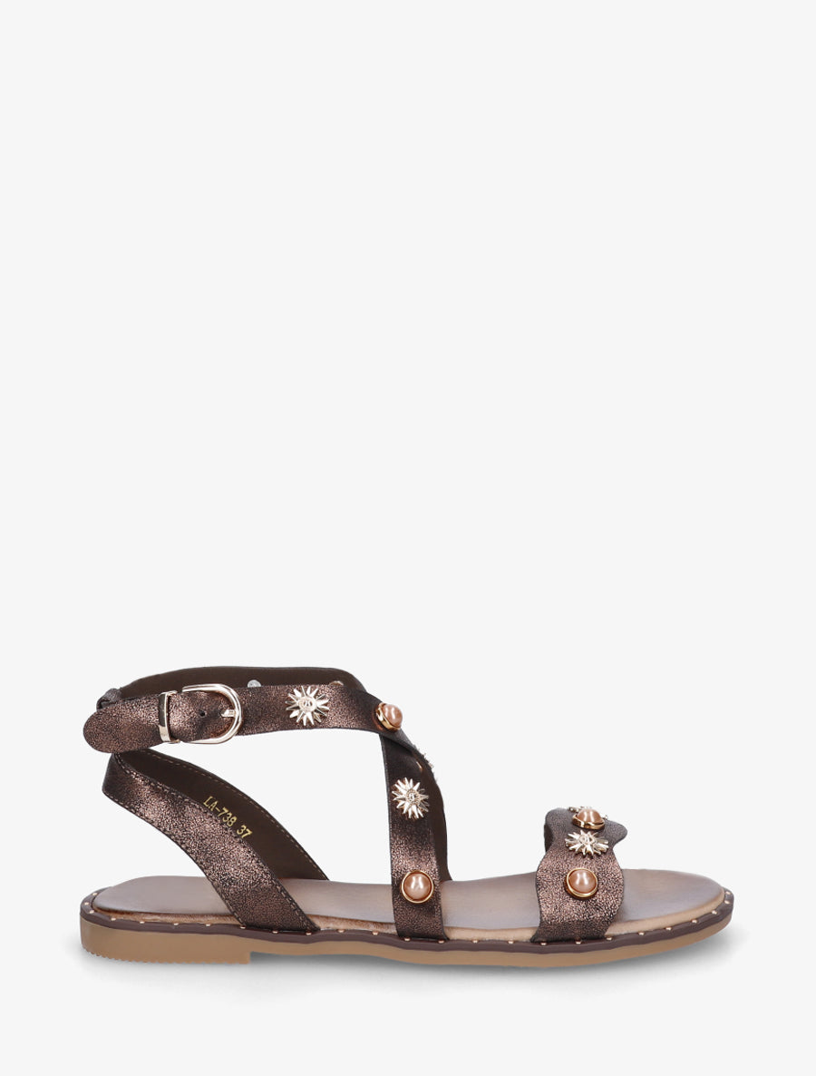 Nu-pieds strassés à semelle plate cloutée - Marron - 1