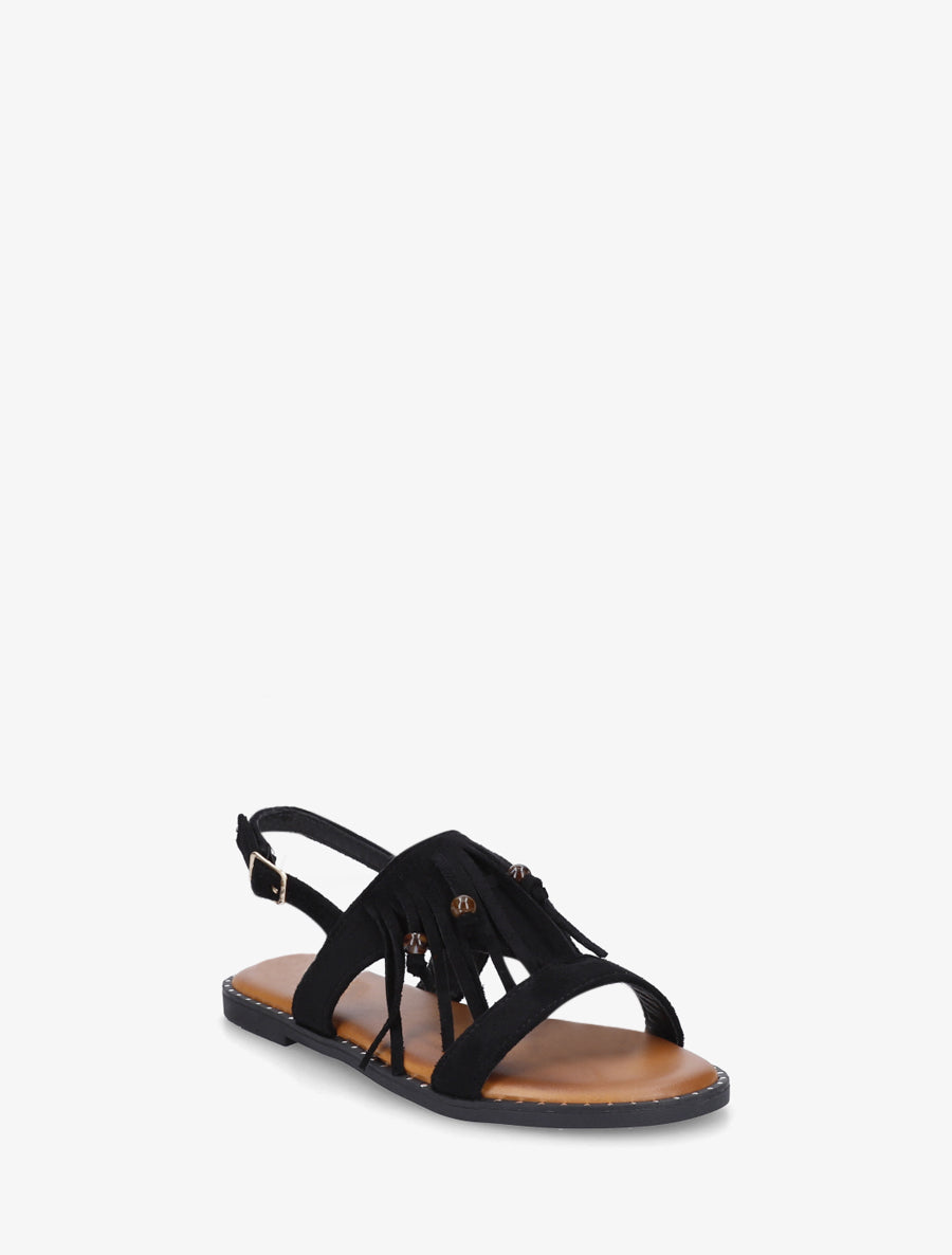 Nu-pieds en suédine à franges et perles - Noir - 2