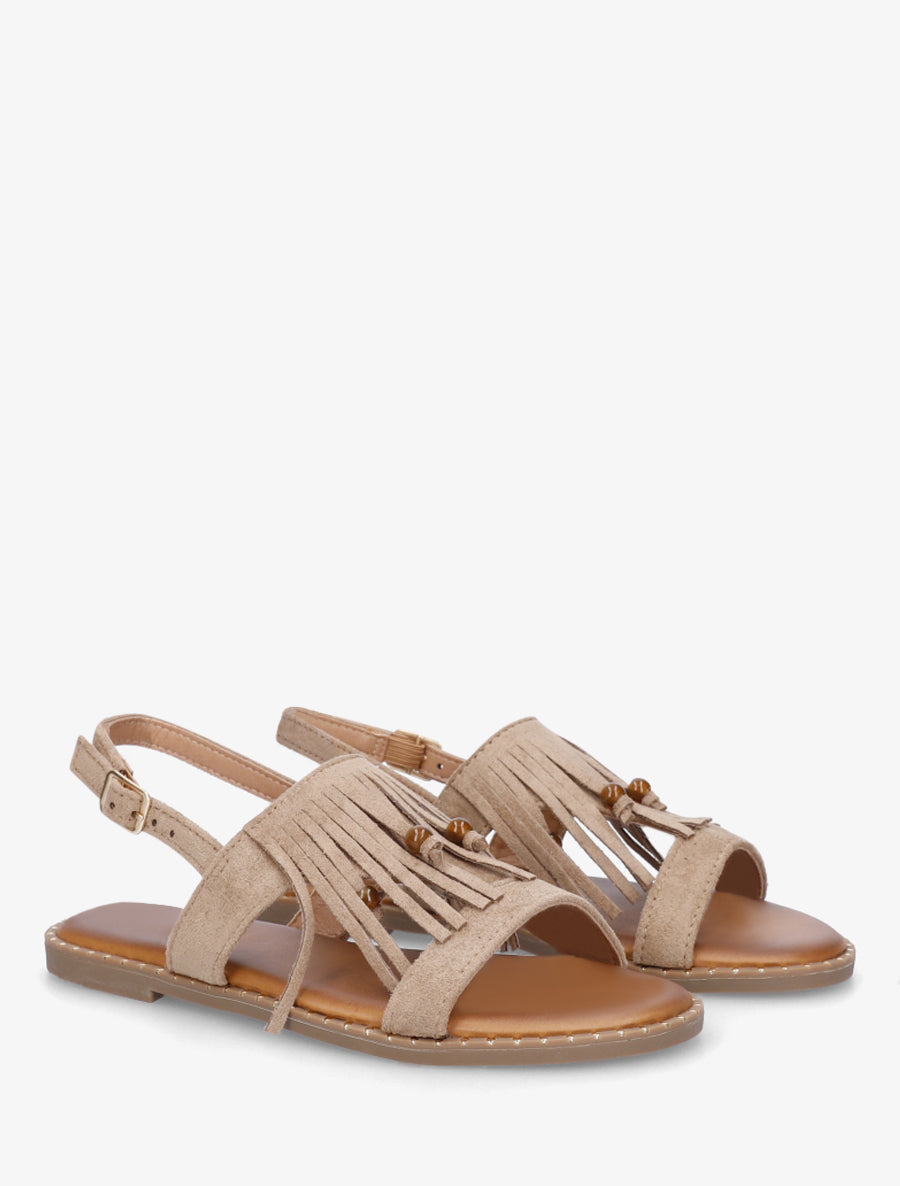 Nu-pieds en suédine à franges et perles - Taupe - 4