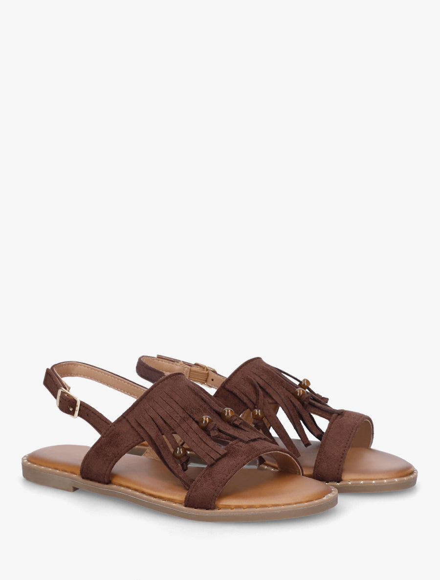 Nu-pieds en suédine à franges et perles - Marron - 4