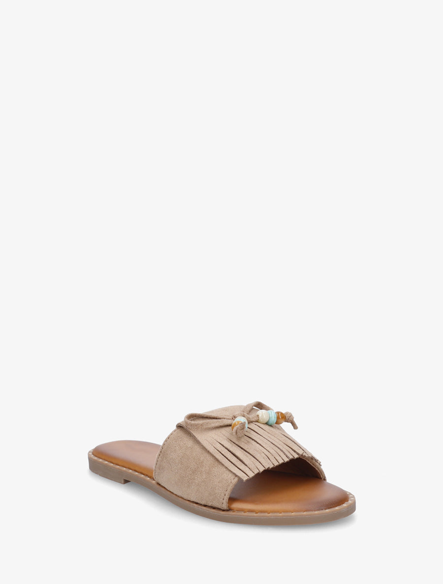 Mules plates à franges et perles en suédine - Taupe - 2