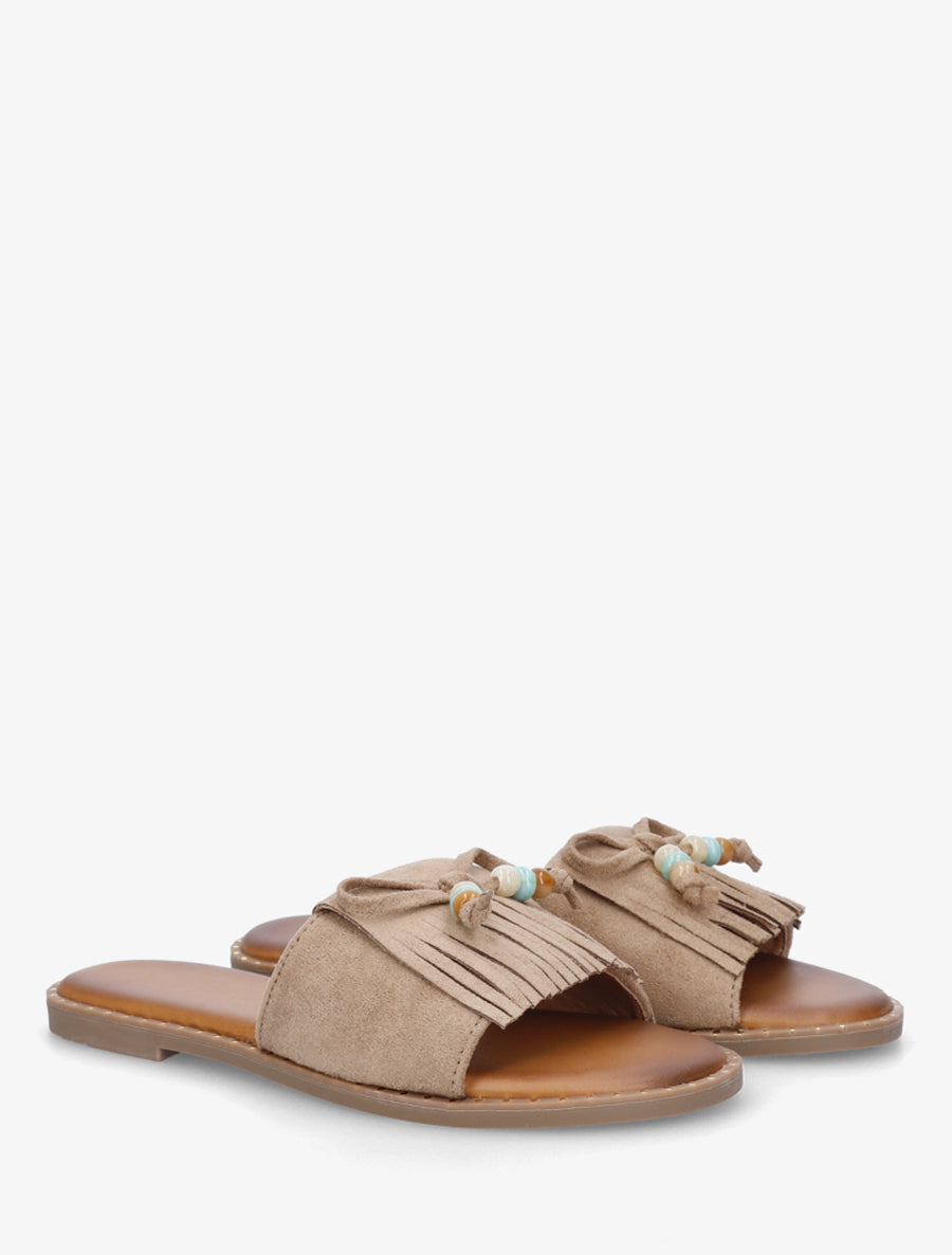 Mules plates à franges et perles en suédine - Taupe - 4