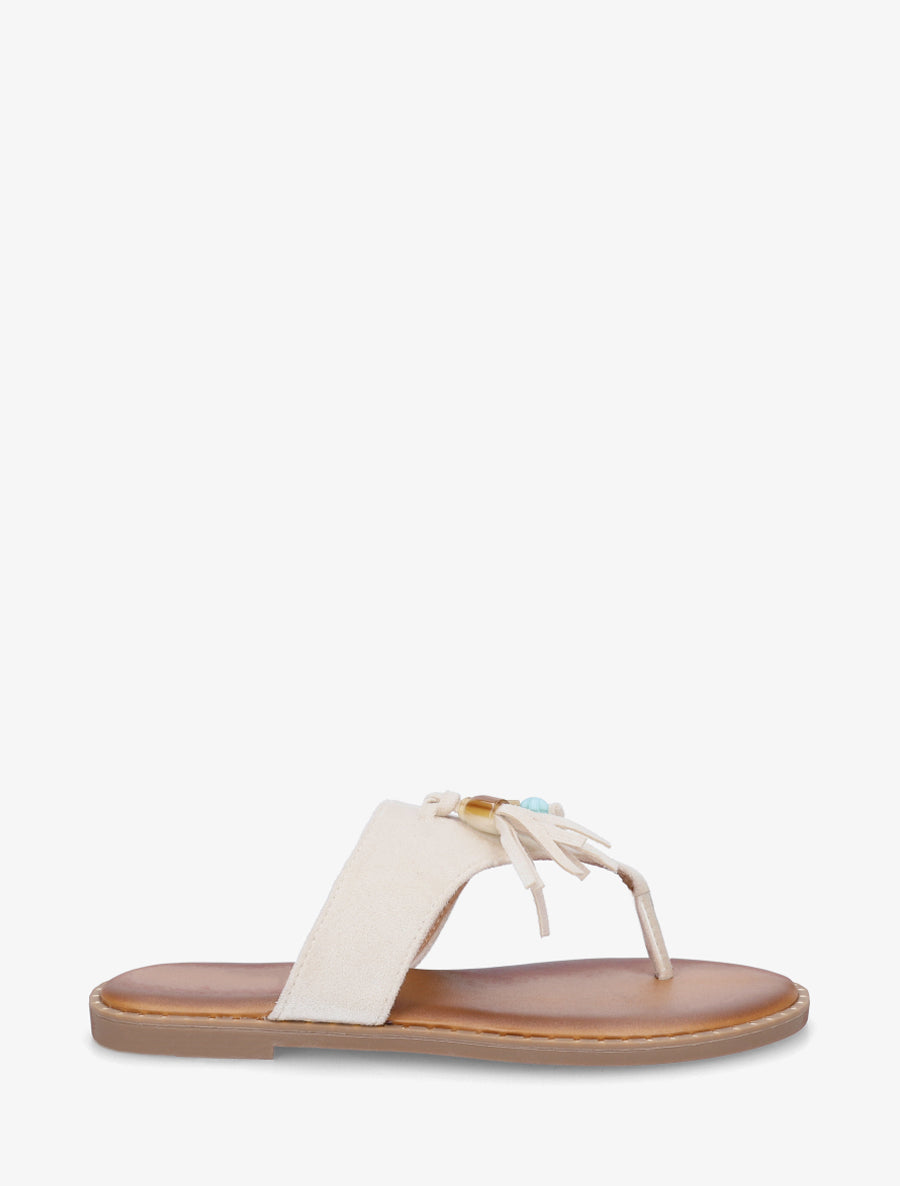 Tongs en suédine à perles et pampilles - Beige - 1