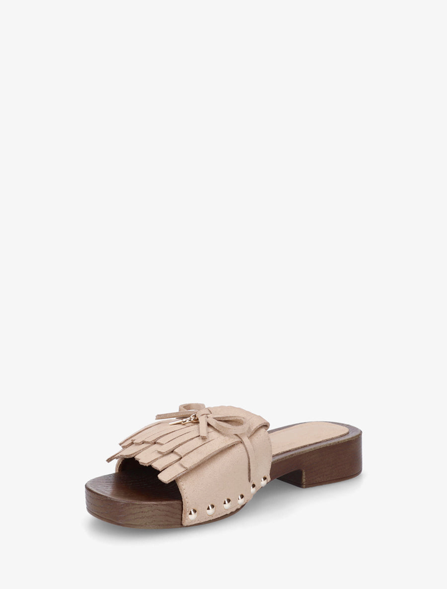 Claquettes en suédine à franges - Taupe - 3