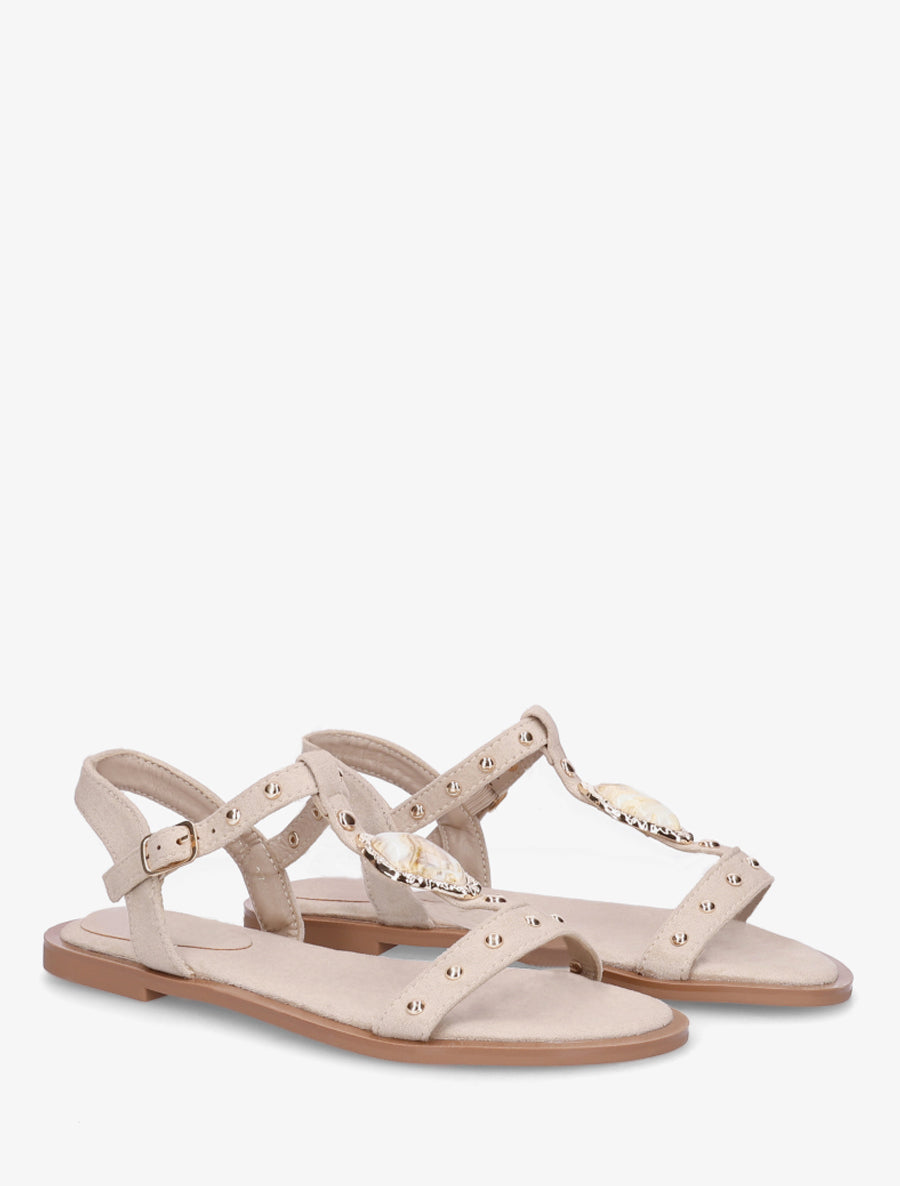 Sandales en suédine à empiècement bijou - Beige - 4