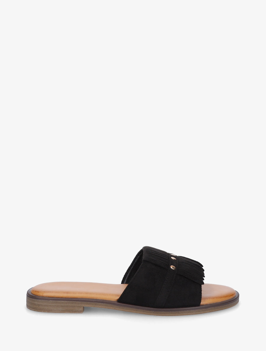 Claquettes en suédine à franges - Noir - 1