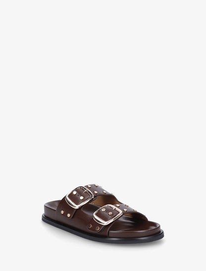 Mules plates cloutées à double boucles - Marron - 2
