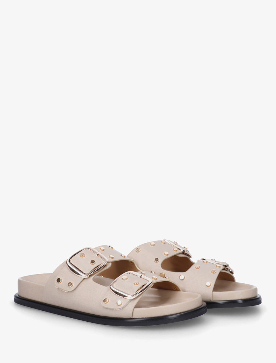 Mules plates cloutées à double boucles - Beige - 4