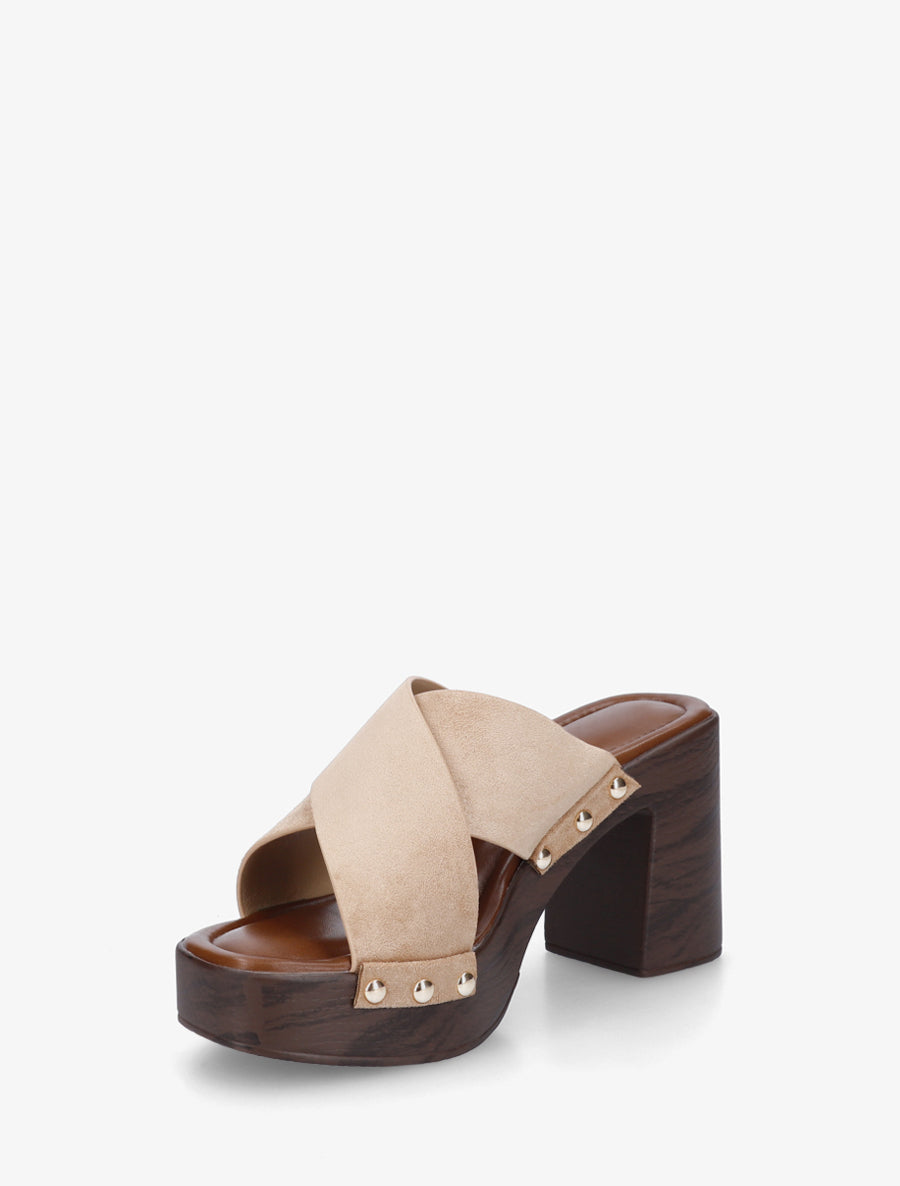 Mules à talon effet bois et ganse en suédine - Taupe - 3