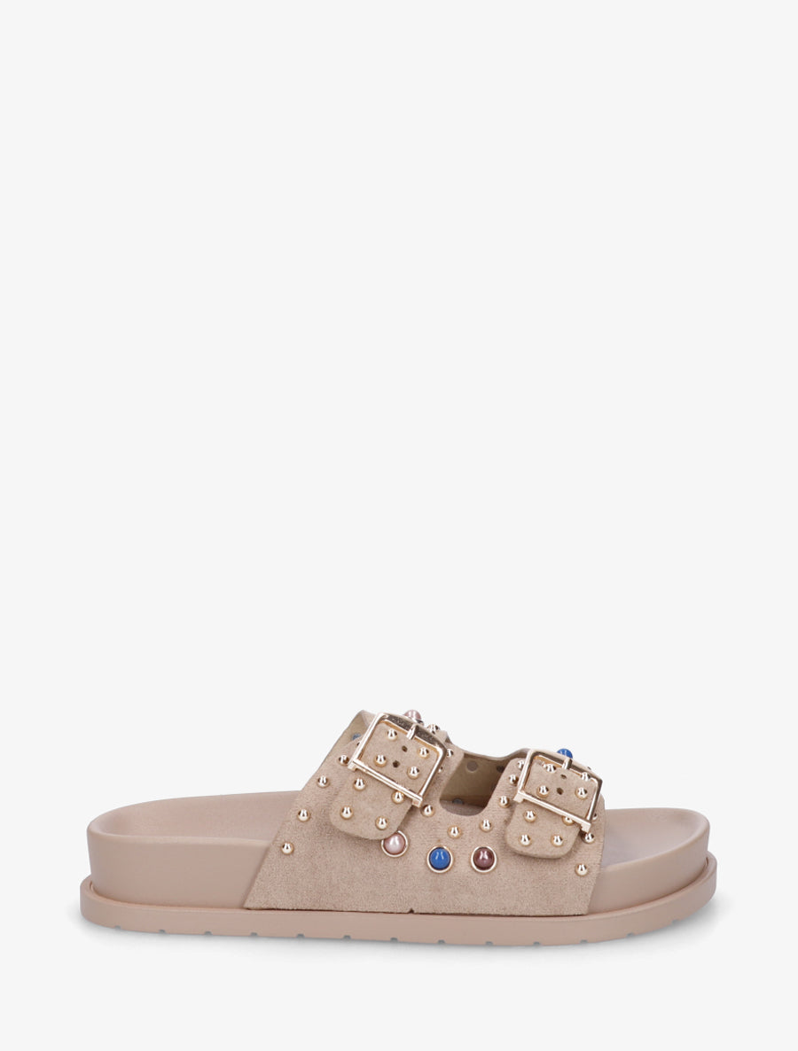 Claquettes en suédine à perles et clous - Taupe - 1