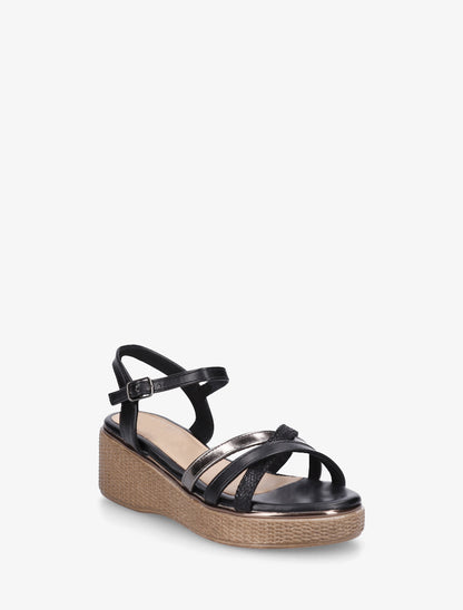 Sandales compensées à brides croisées fantaisies - Noir - 2