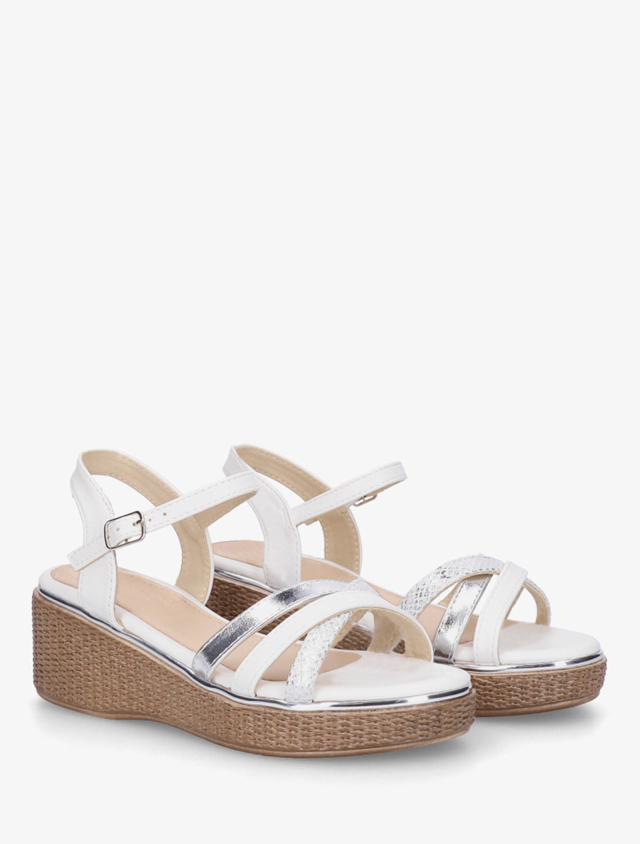 Sandales compensées à brides croisées fantaisies - Blanc - 4