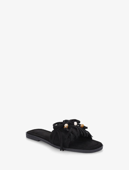 Mules en suédine à frange et noeud - Noir - 2