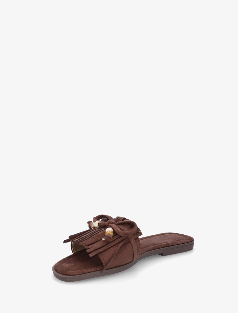 Mules en suédine à frange et noeud - Marron - 3