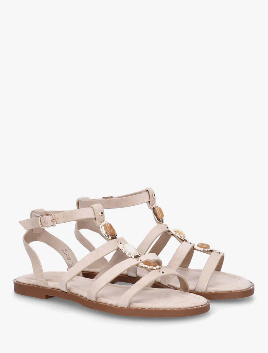 Sandales en suédine à empiècement trois pierres - Beige - 4