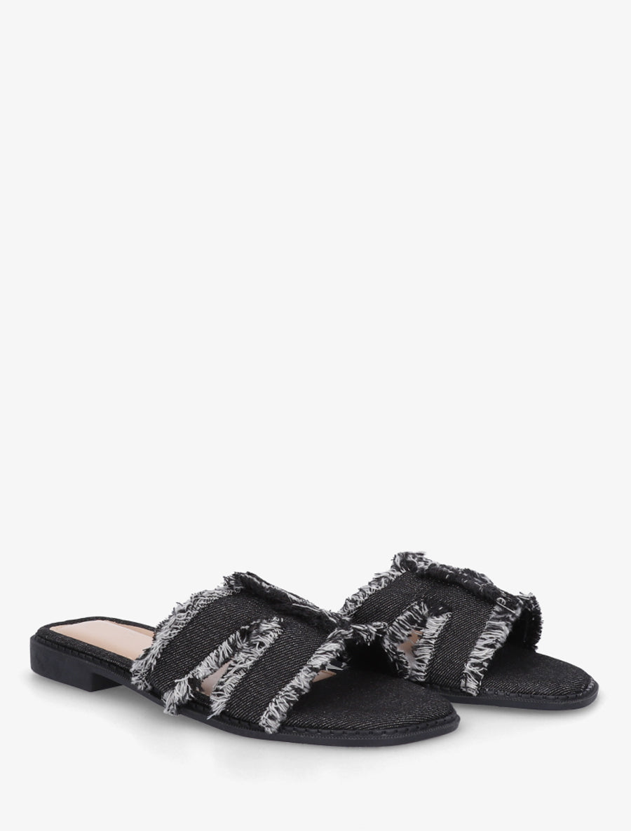 Claquettes en tissu effet effiloché - Noir - 4