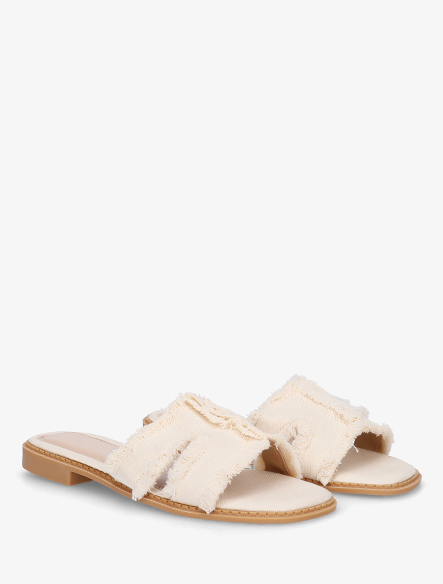 Claquettes en tissu effet effiloché - Beige - 4