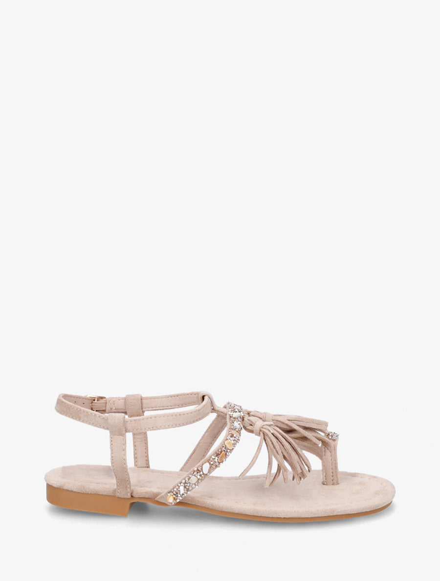 Nu-pieds en suédine à strass et pierres - Beige - 1