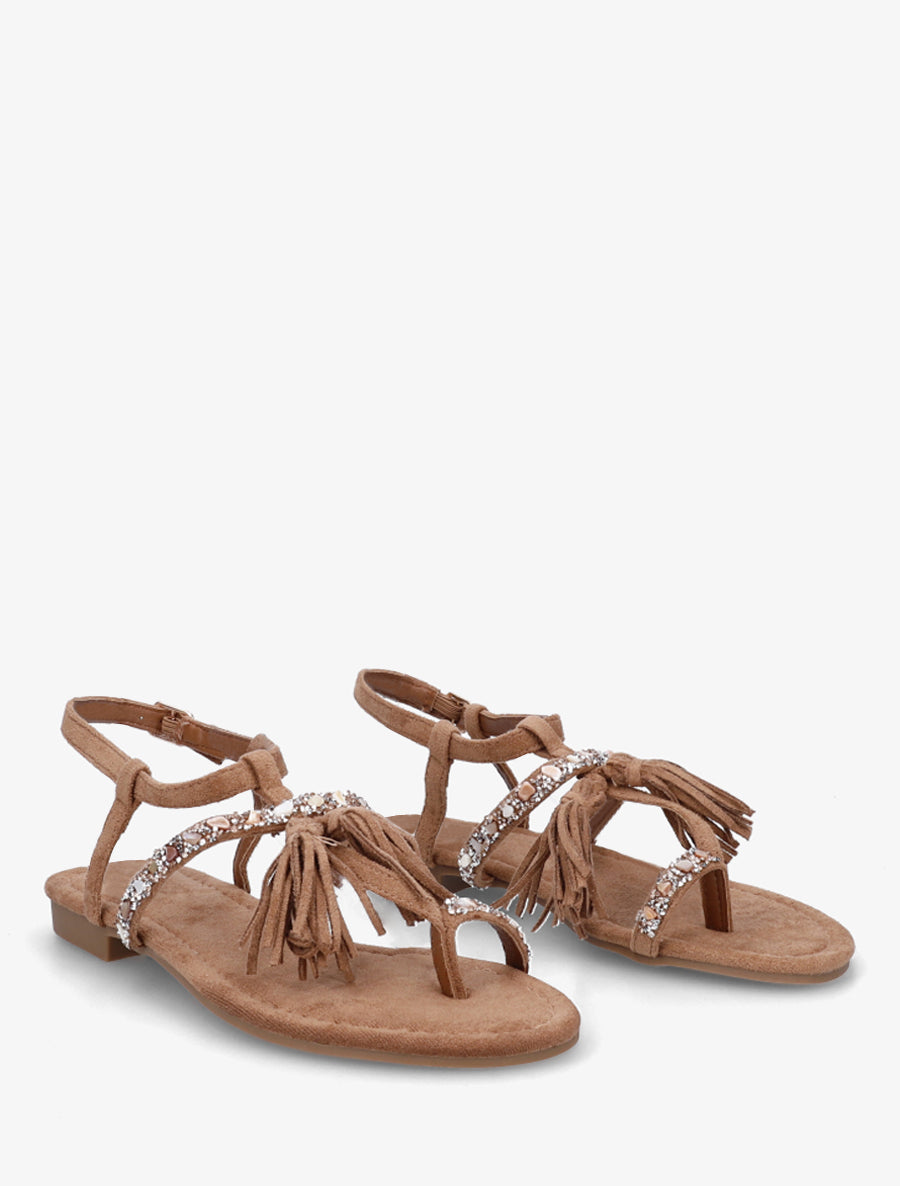 Nu-pieds en suédine à strass et pierres - Camel - 4