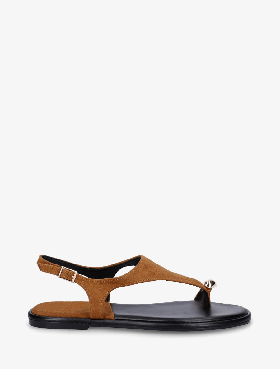 Nu-pieds en suédine à entredoigt et bague métallique - Camel - 1