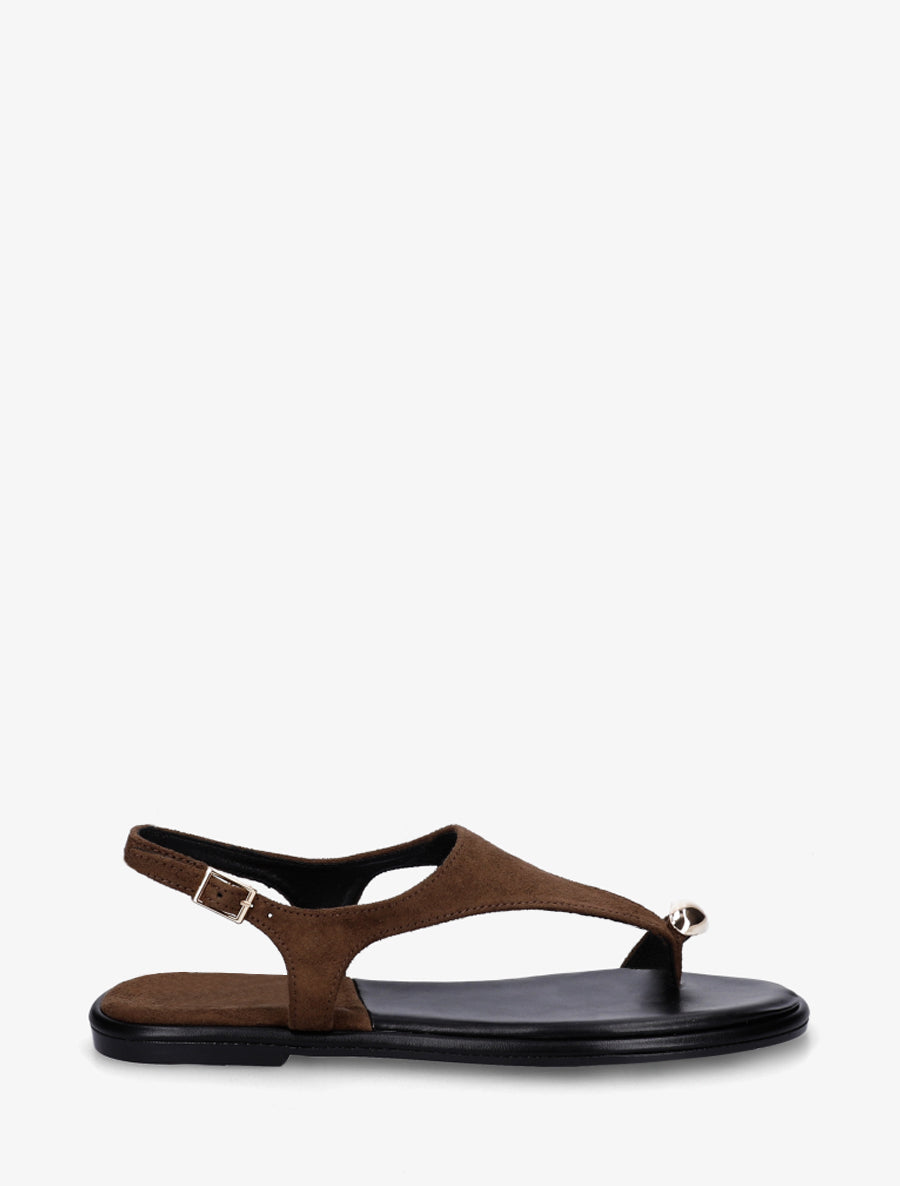 Nu-pieds en suédine à entredoigt et bague métallique - Marron - 1