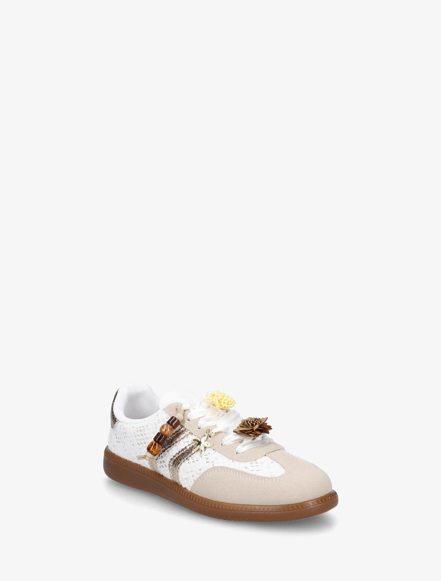 Sneakers à empiècement fleurs et bandes contrastantes - Blanc - 2