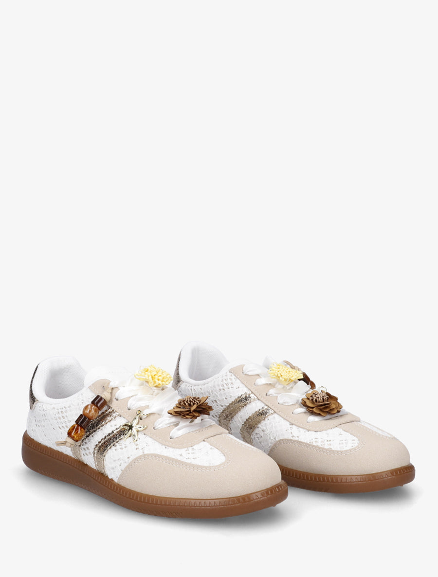 Sneakers à empiècement fleurs et bandes contrastantes - Blanc - 4