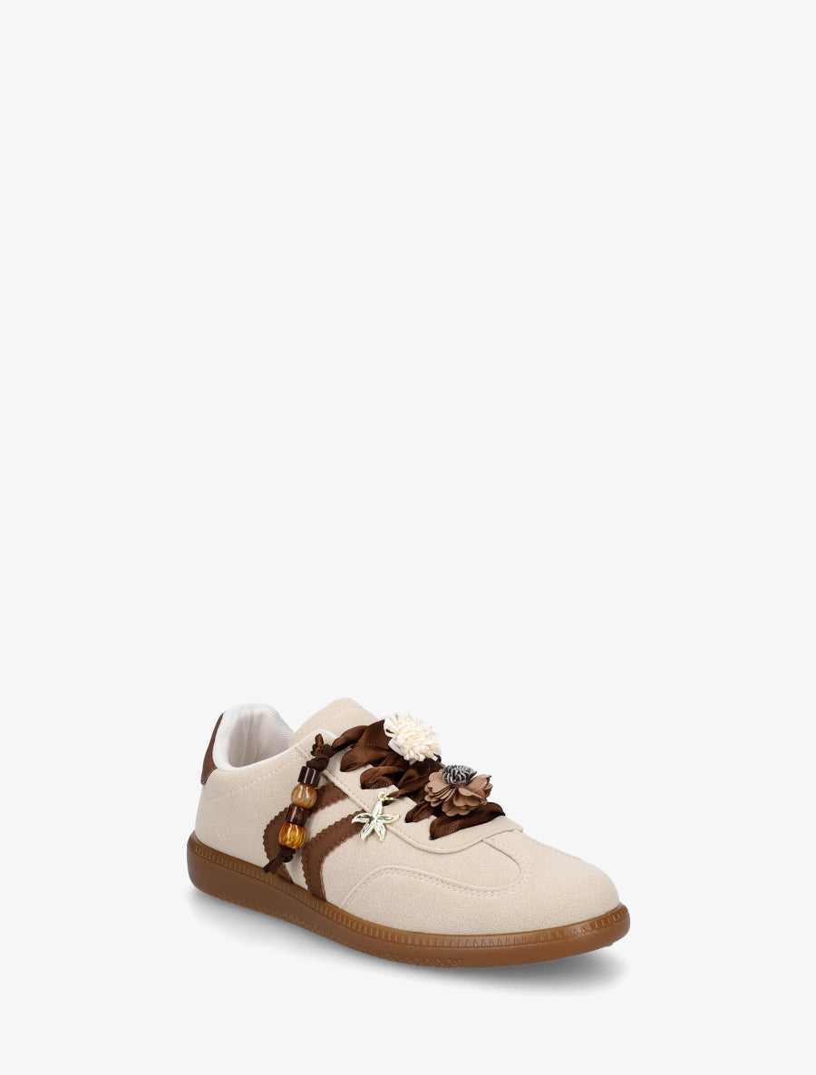 Sneakers à empiècement fleurs et bandes contrastantes - Beige - 2