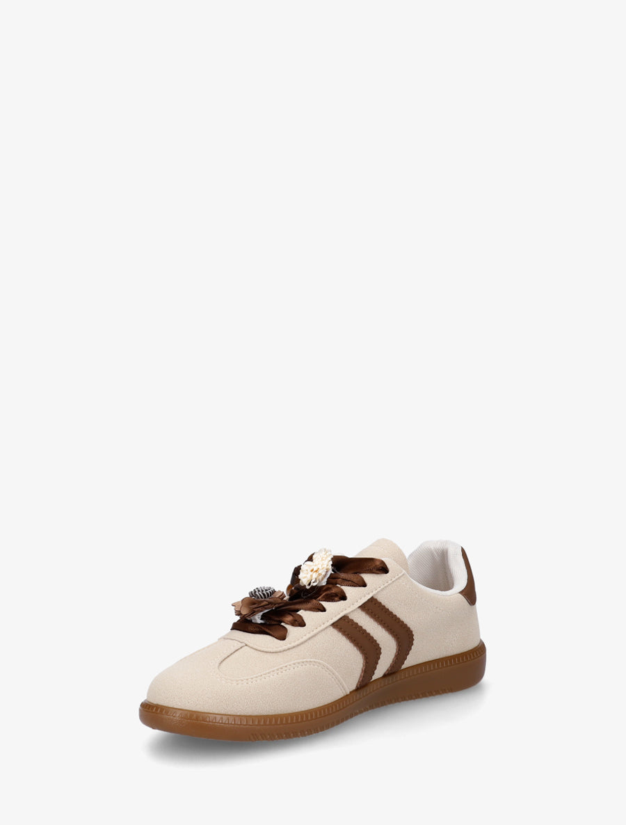 Sneakers à empiècement fleurs et bandes contrastantes - Beige - 3