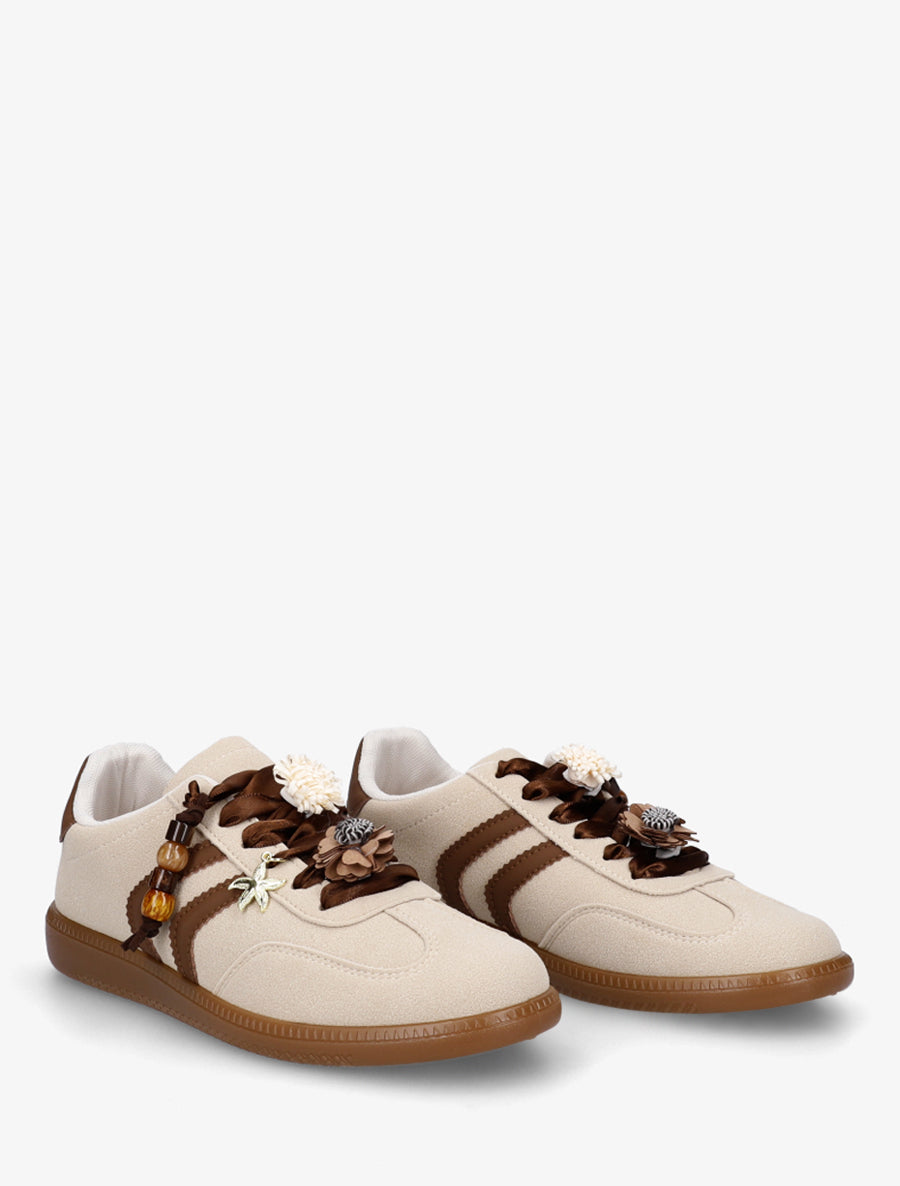 Sneakers à empiècement fleurs et bandes contrastantes - Beige - 4