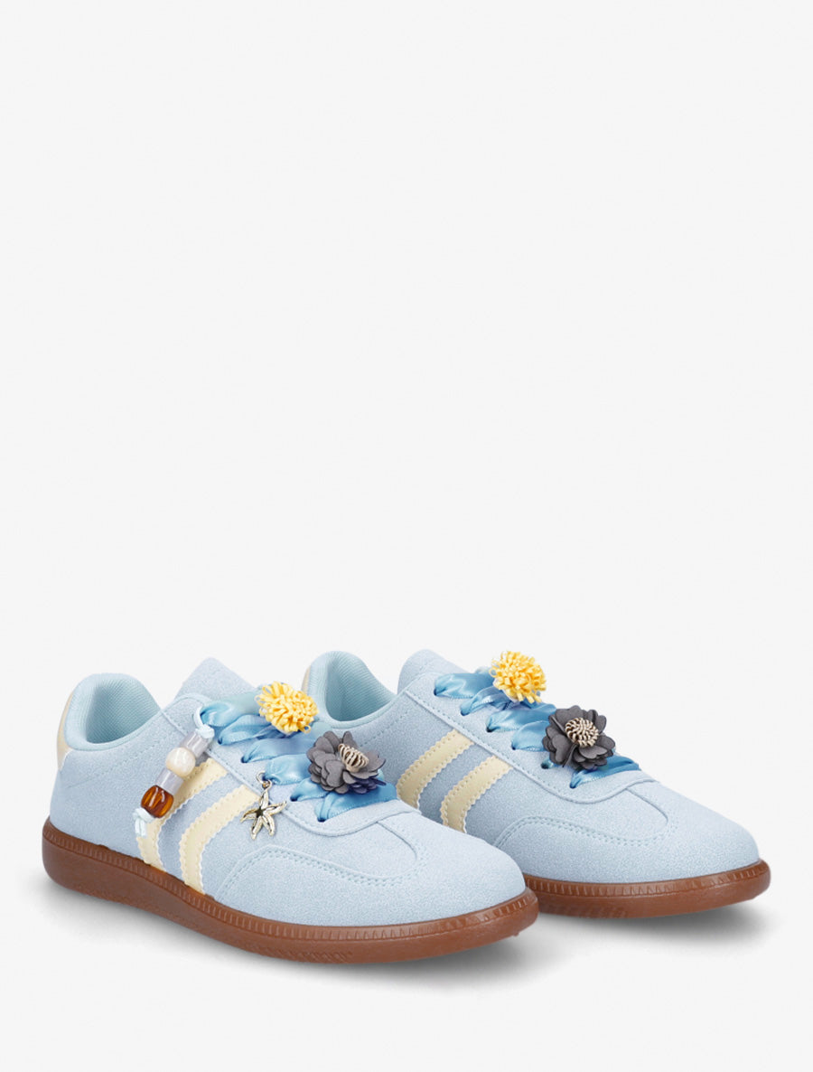 Sneakers à empiècement fleurs et bandes contrastantes - Bleu ciel - 4