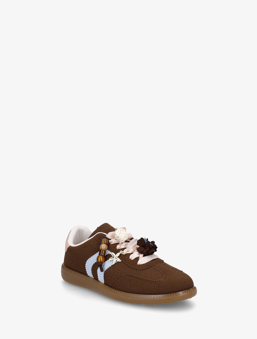 Sneakers à empiècement fleurs et bandes contrastantes - Marron - 2