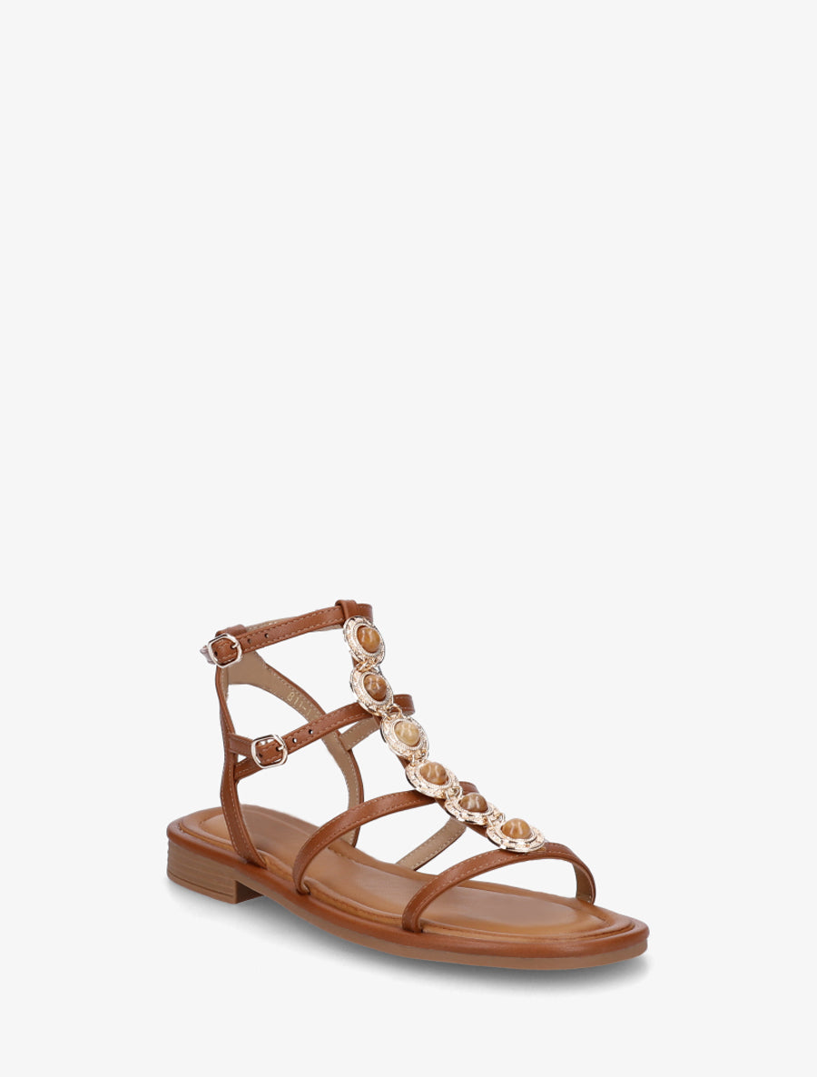 Nu-pieds style spartiates en simili à bijoux - Camel - 2