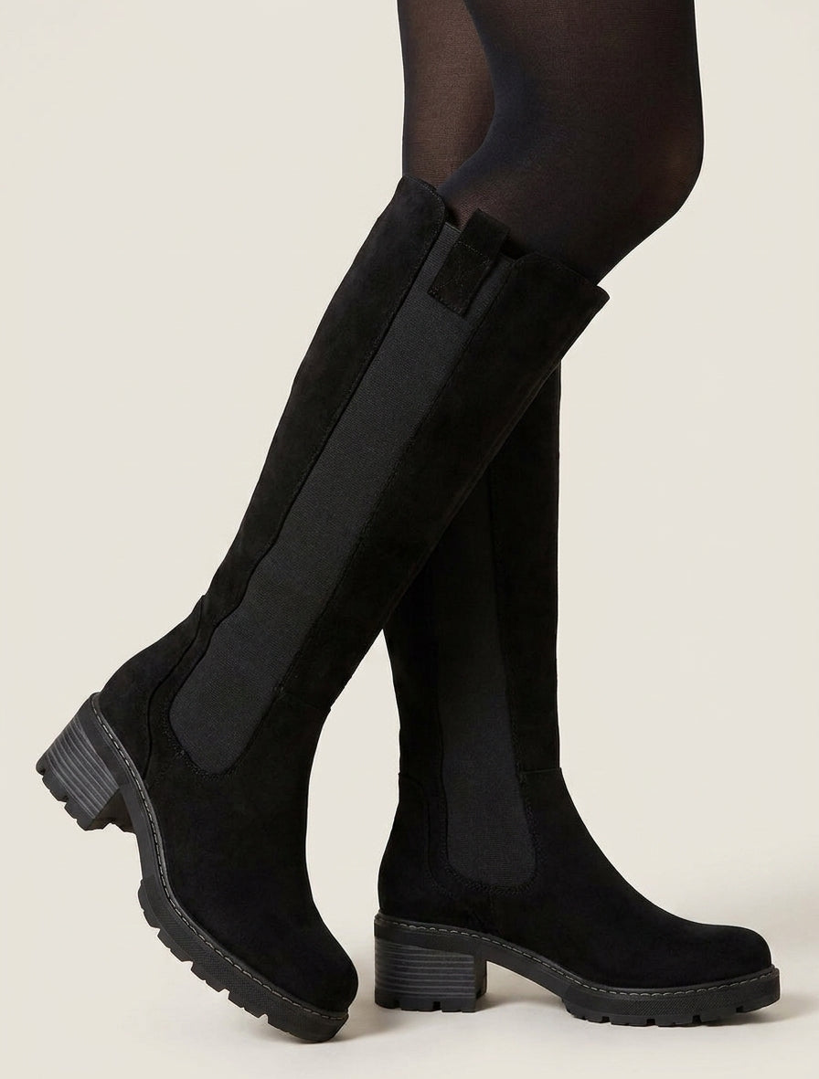 Bottes élastiquées en suédine à bout rond - Noir
