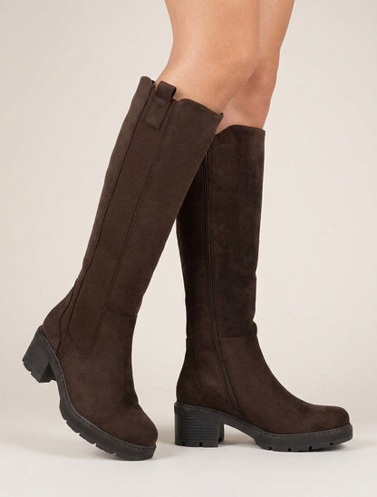 Bottes élastiquées en suédine à bout rond - Marron