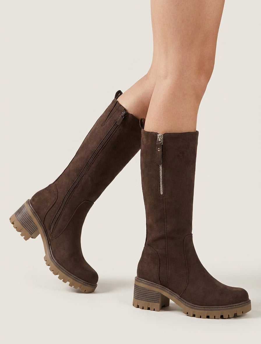 Bottines unies en suédine à zip décoratif - Marron