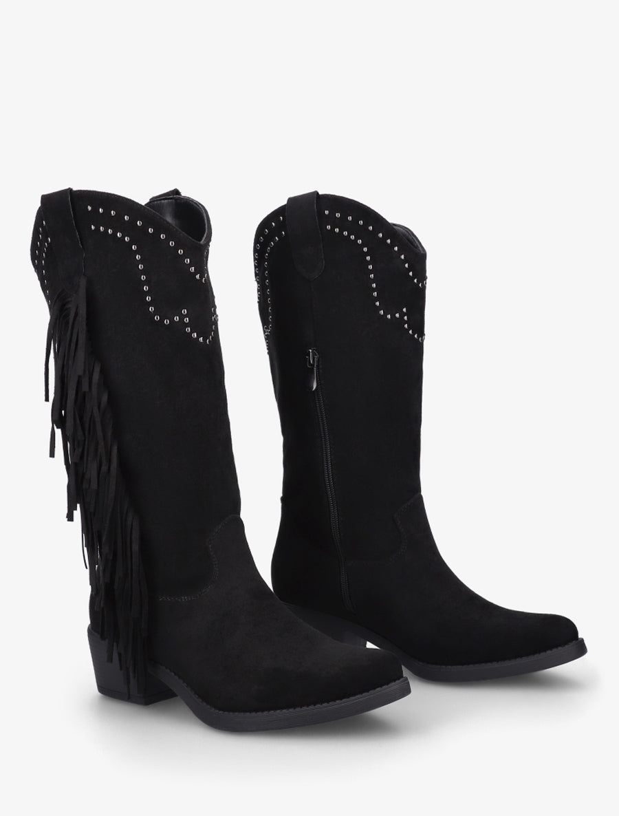 Bottines montantes en suédine à franges et clous - Noir - 4