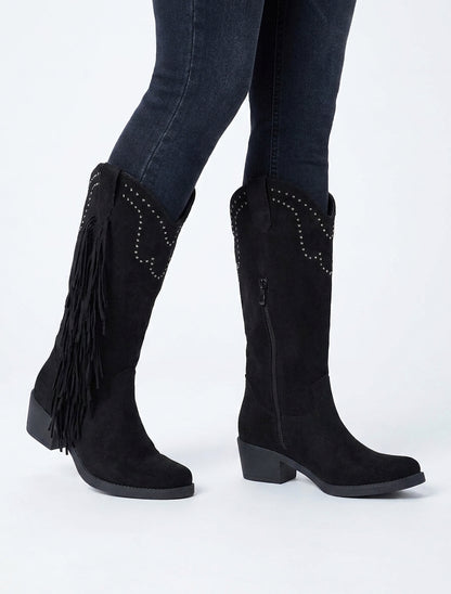 Bottines montantes en suédine à franges et clous - Noir