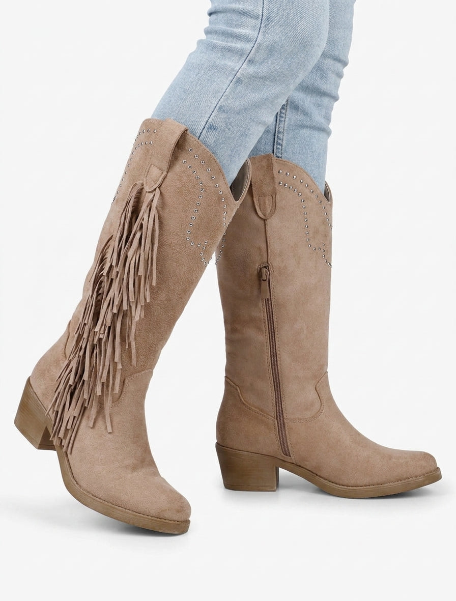 Bottines montantes en suédine à franges et clous - Taupe