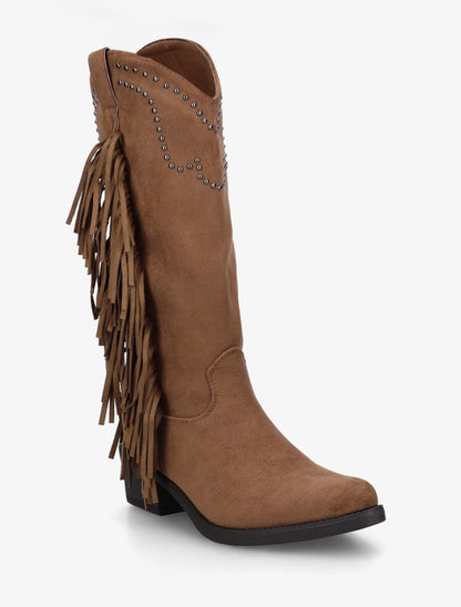 Bottines montantes en suédine à franges et clous - Camel - 2